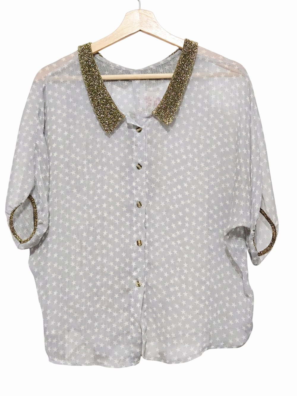 Franco Light Grey semi-sheer blouse  Gold-Trim Star Button-Up Blouse US Large